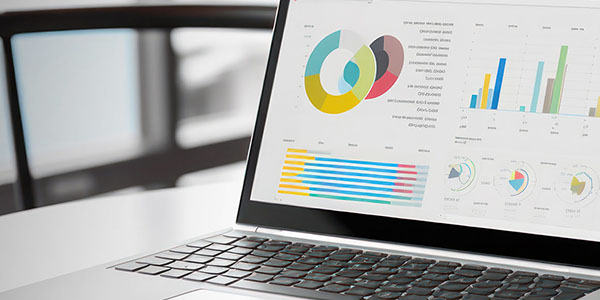 laptop with data visualizations on screen